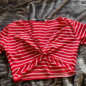 Red and white stripped long sleeve crop top